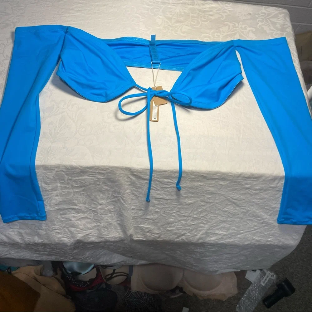 🆕 SKIMS SWIM Long Sleeve Bikini Top Recycled Turquoise XL Blue Off Shoulder NWT